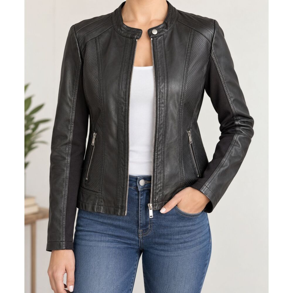 Black Faux Leather Moto Jacket Large Zip Pockets 157